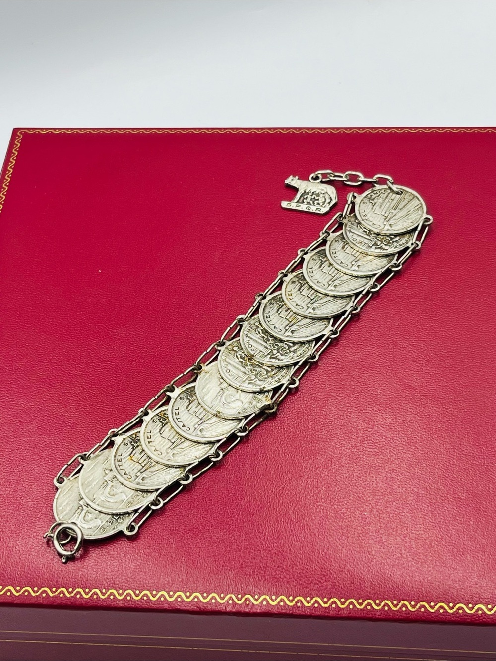 Vintage Rome Souvenir Coin Bracelet Silver link Tourist SPQR Romulus Remus 1960